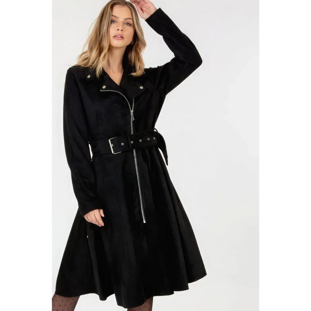 Waist Belt Tacked Faux Suede Coat Solid Coat - Picture 2 of 3
